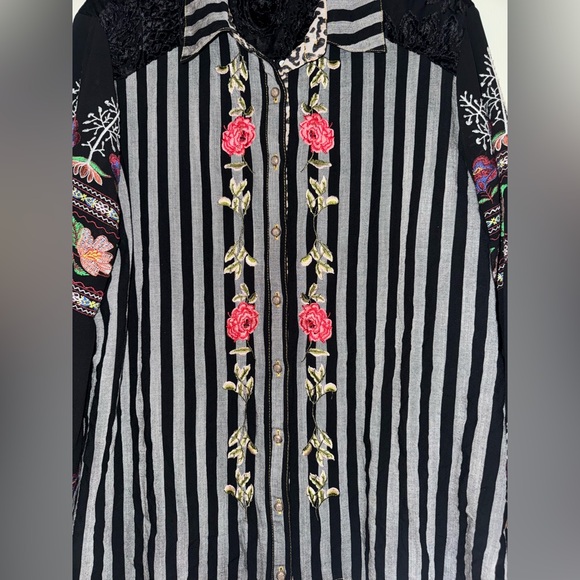 John Mark Black and Gray Striped Floral Embroidered Top - Picture 7 of 16